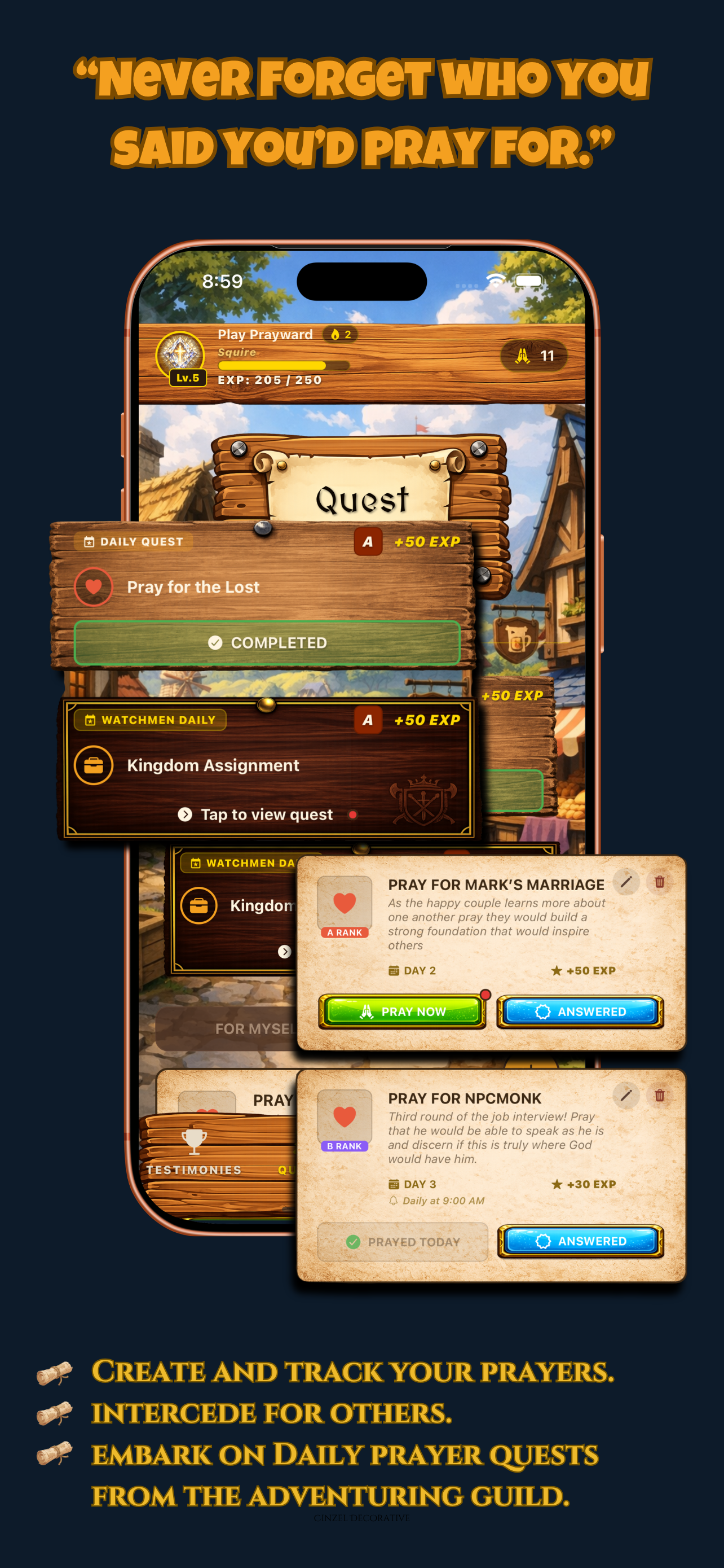 Create and track your prayers with daily prayer quests